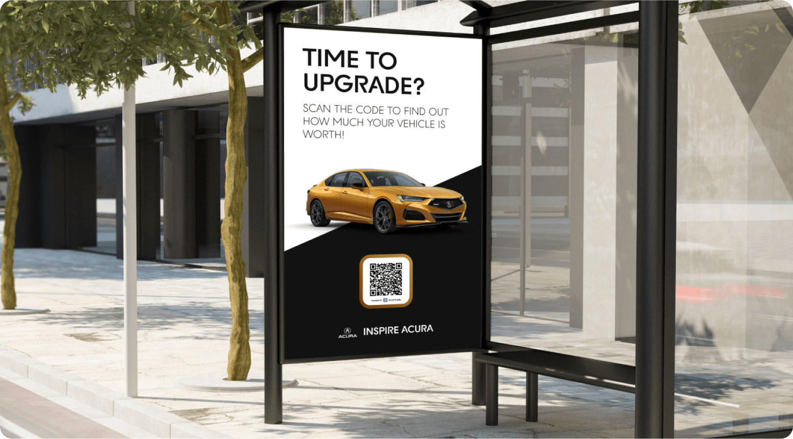 Bus stop on the street showing back lit vehicle ad with headline 'Time to Upgrade?' containing QR code.