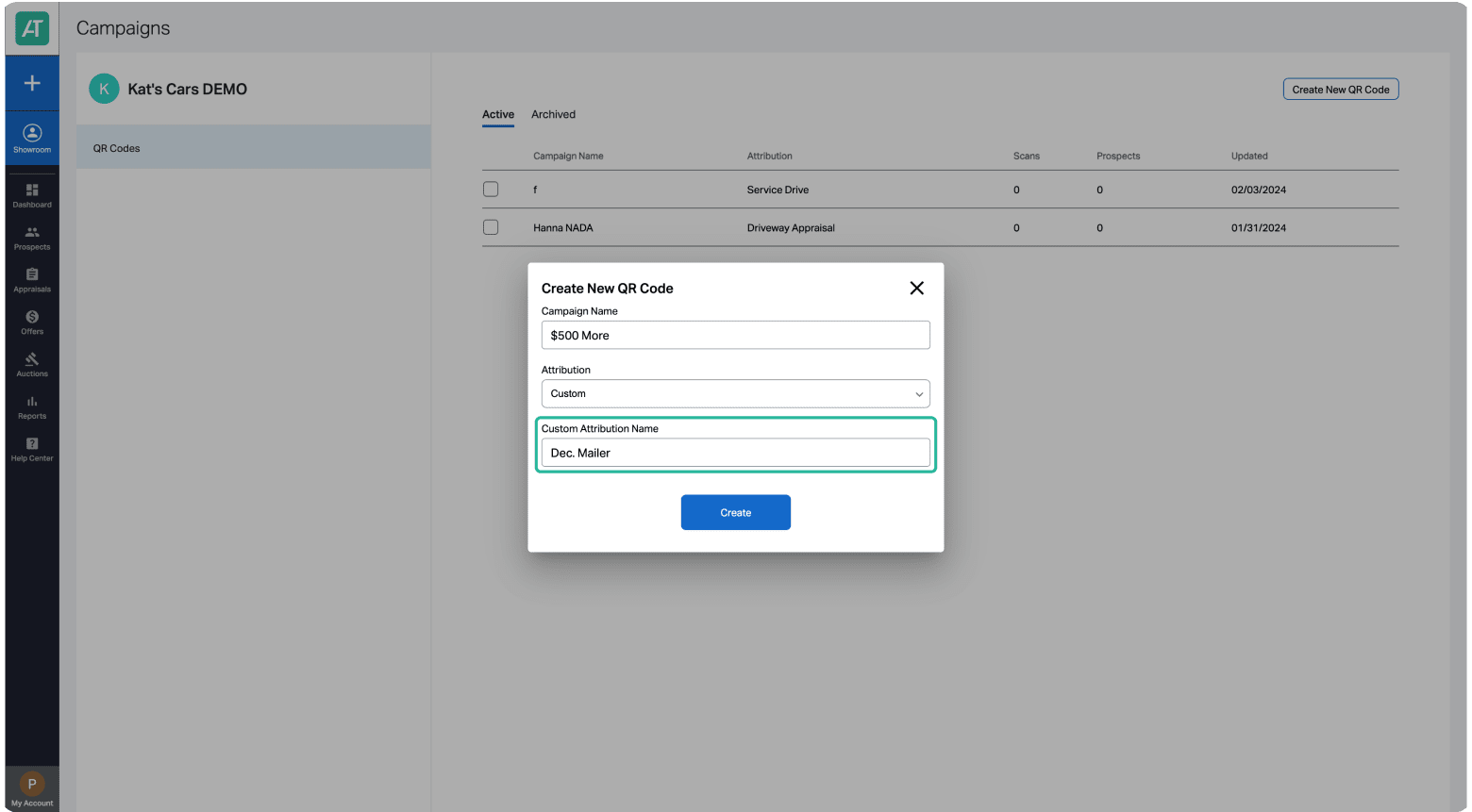 Accutrade management create new QR code modal dialog attribution drop down, with custom attribution selected and new field for custom attribution name.